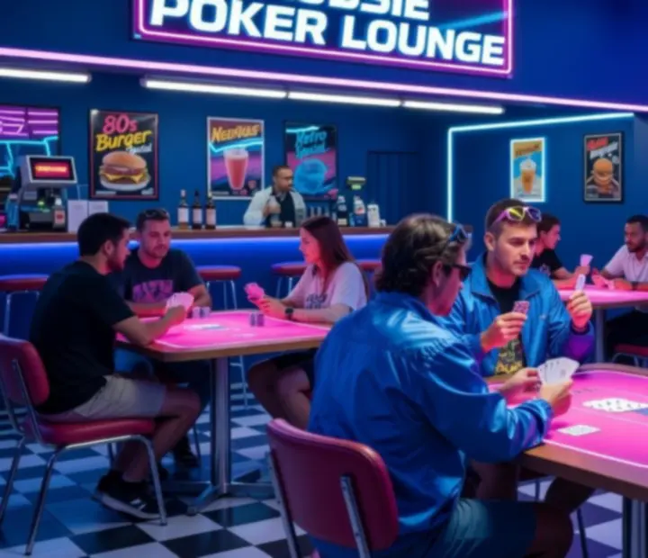 Neon 80s-inspired card lounge inside an Australian restaurant with offline poker tables