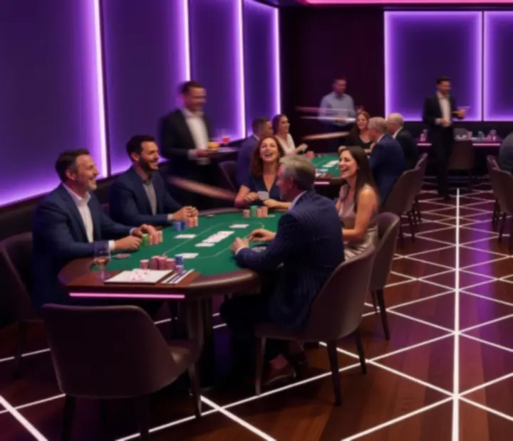 Ultramarine and neon-violet Sydney restaurant card lounge interior with poker tables and white table settings