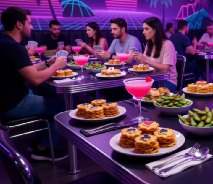 Neon-violet card lounge with poker tables, glowing cocktails and shared plates