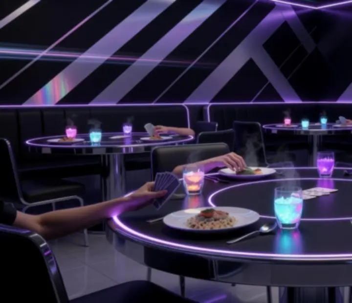 Neon card lounge with perspective grid floor and poker tables