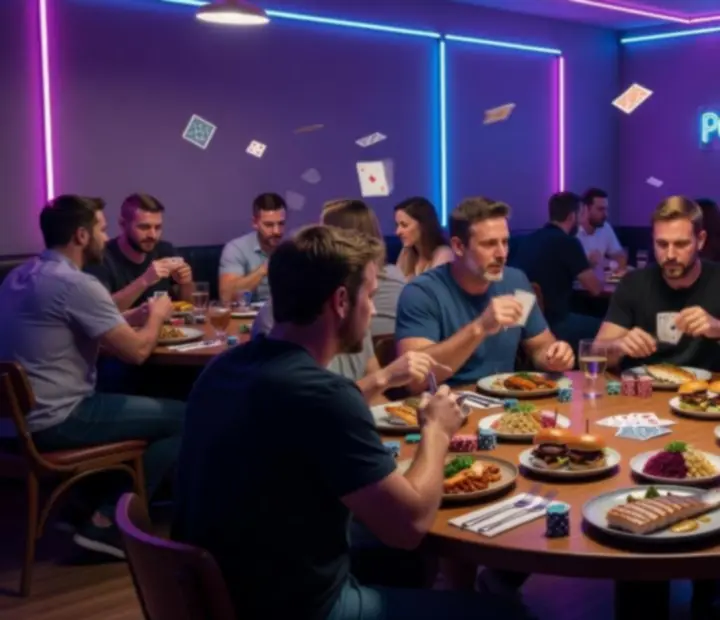 Offline poker tables filled with guests in the Harbour and Chance card room with restaurant dishes nearby