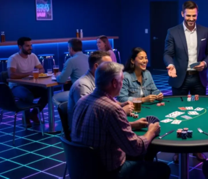 Host leading an offline poker session at a neon card room table inside Harbour and Chance