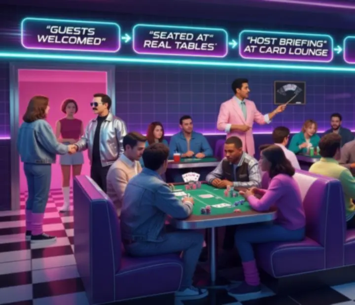 Stylised neon visual timeline of an offline poker night in a restaurant