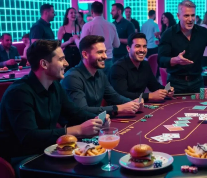 Offline poker lounge evening with gourmet platters and neon restaurant ambience