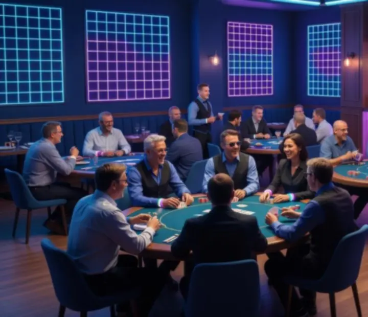 Guests gathered around poker tables in a neon-lit restaurant card lounge