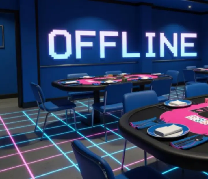 Neon-lit offline poker tables inside Harbour and Chance restaurant card room