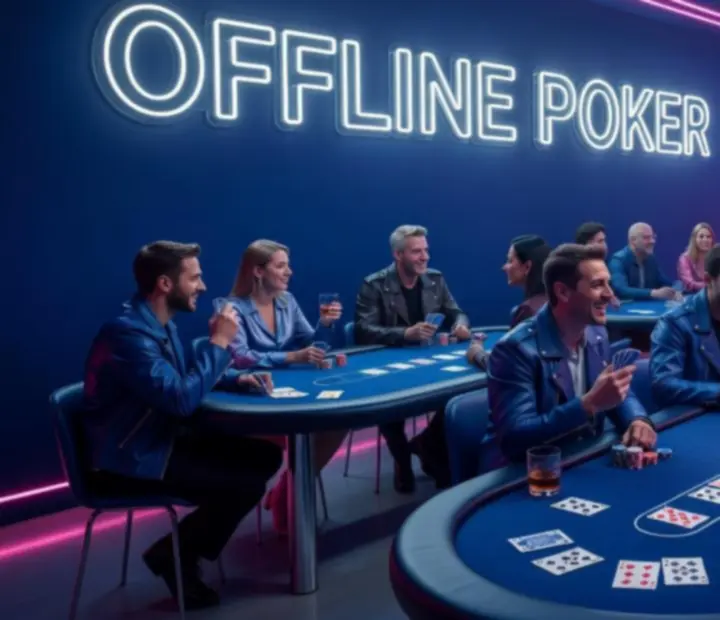 Neon-lit restaurant card lounge with offline poker tables and guests dining