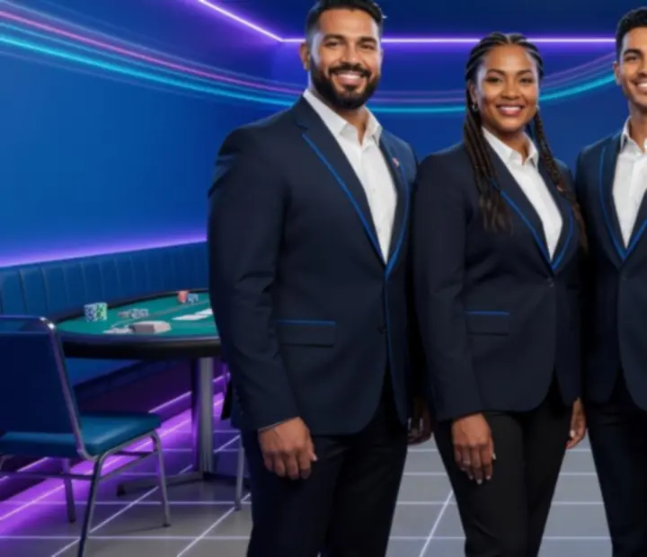Group of Harbour and Chance poker hosts standing together in the neon-lit restaurant card lounge.