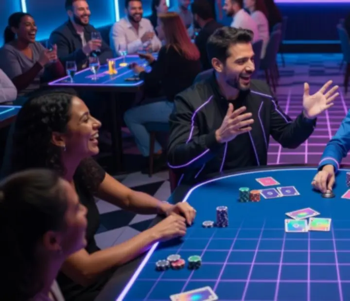 Harbour and Chance poker hosts guiding guests at multiple offline poker tables in the restaurant card room.