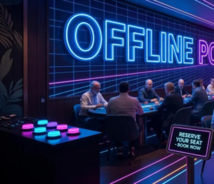 Neon-grid restaurant card lounge with offline poker tables