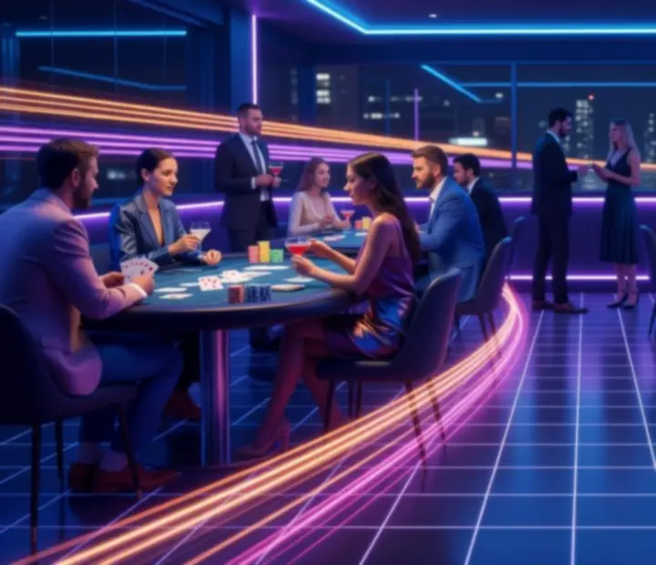 Neon-violet offline poker lounge interior with card room ambience