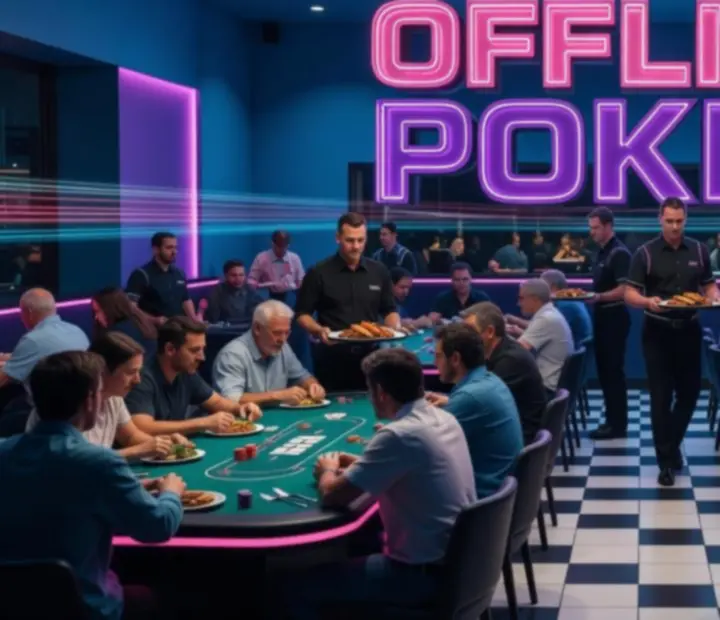 Neon-lit restaurant scene with physical poker tables set for an in-person card evening