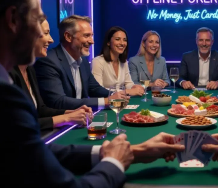 Offline poker tables and guests enjoying dinner in a neon card lounge