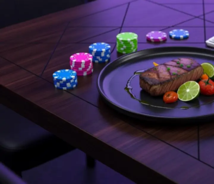 Offline poker table with Australian restaurant dishes beside a deck of cards at Harbour and Chance