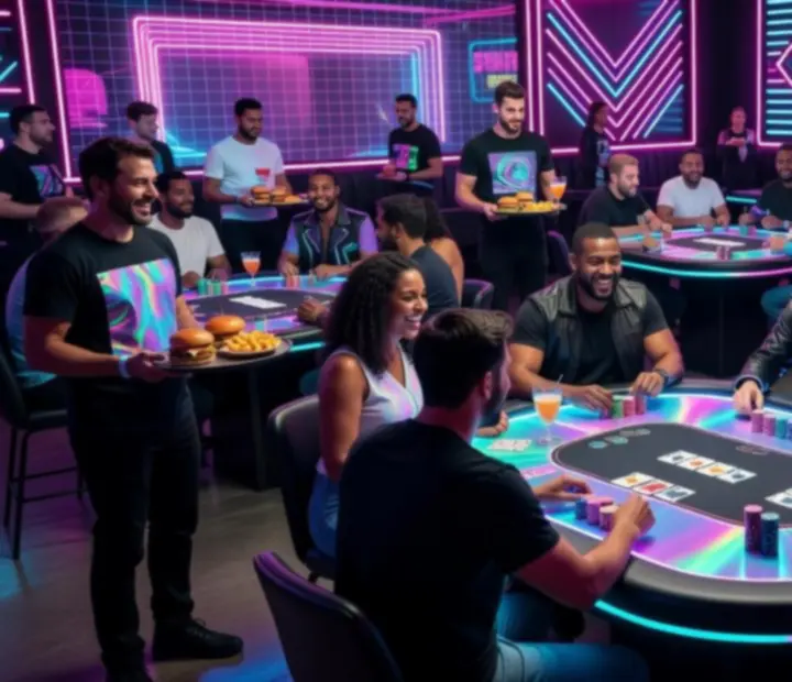 Guests gathered around a neon-lit offline poker table in an Australian restaurant