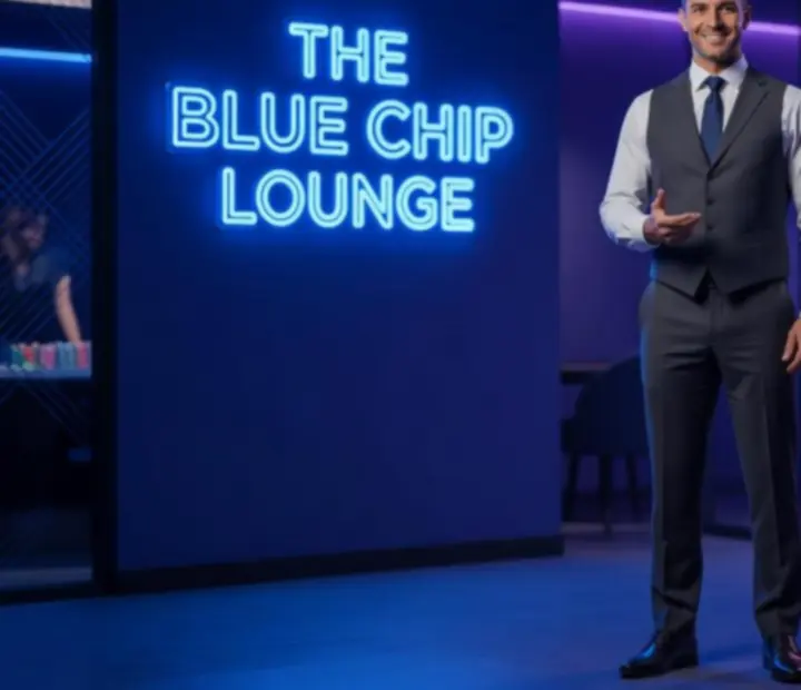 Harbour and Chance poker host welcoming guests to a neon-lit offline poker table in the restaurant card lounge.