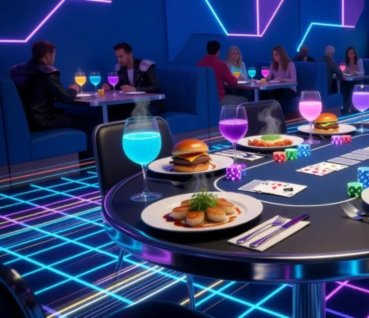 Neon-lit restaurant poker tables with curated food and drink pairings at Harbour and Chance