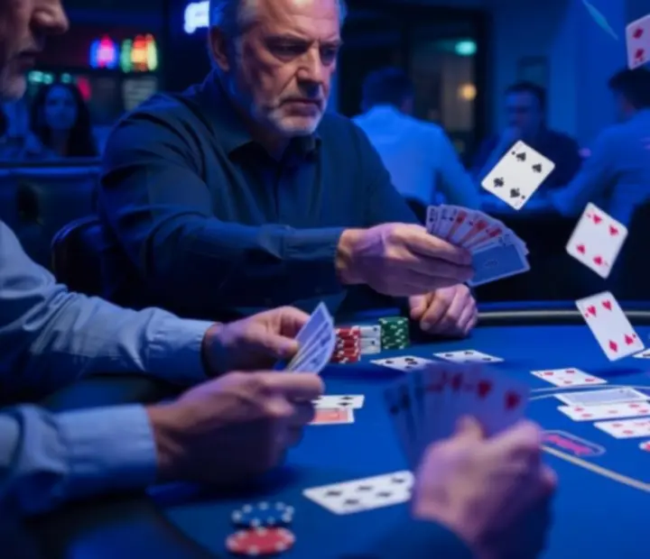 Guests enjoying offline poker at a neon-lit restaurant card table