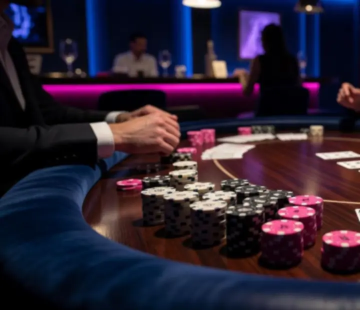 Close-up of a premium poker table with neon lighting and chips used as non-financial props