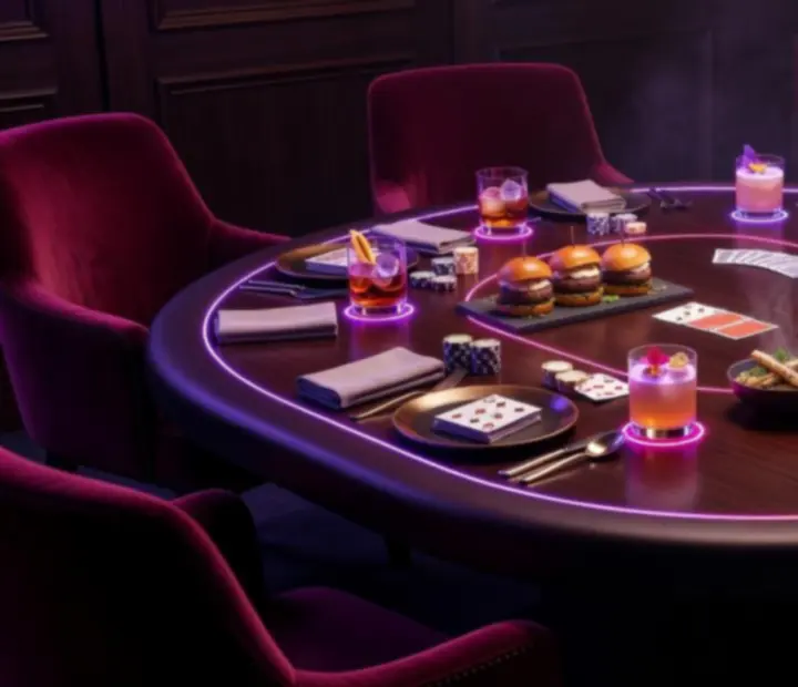 Private poker room with neon lighting, shared plates and drinks arranged around a poker table