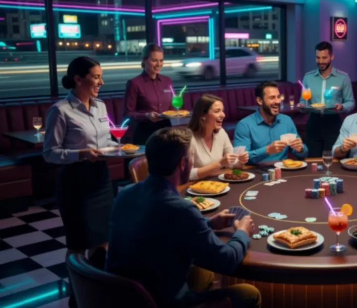 Neon-lit Sydney restaurant card lounge with guests at an offline poker table and plated dishes
